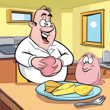 In the cartoon, the lovable character prepares a plate of ham and eggs for his sidekick.