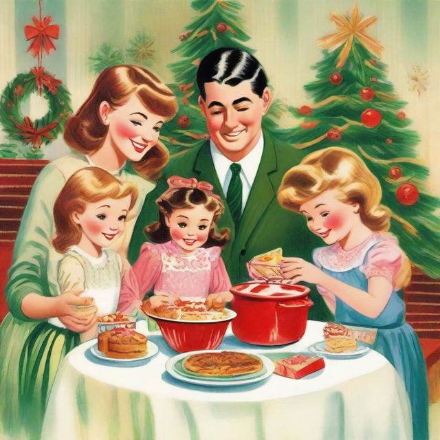 A charming family scene depicting parents and their three daughters joyously assembling a holiday meal whilst exchanging beautifully wrapped presents, enveloped in festive cheer