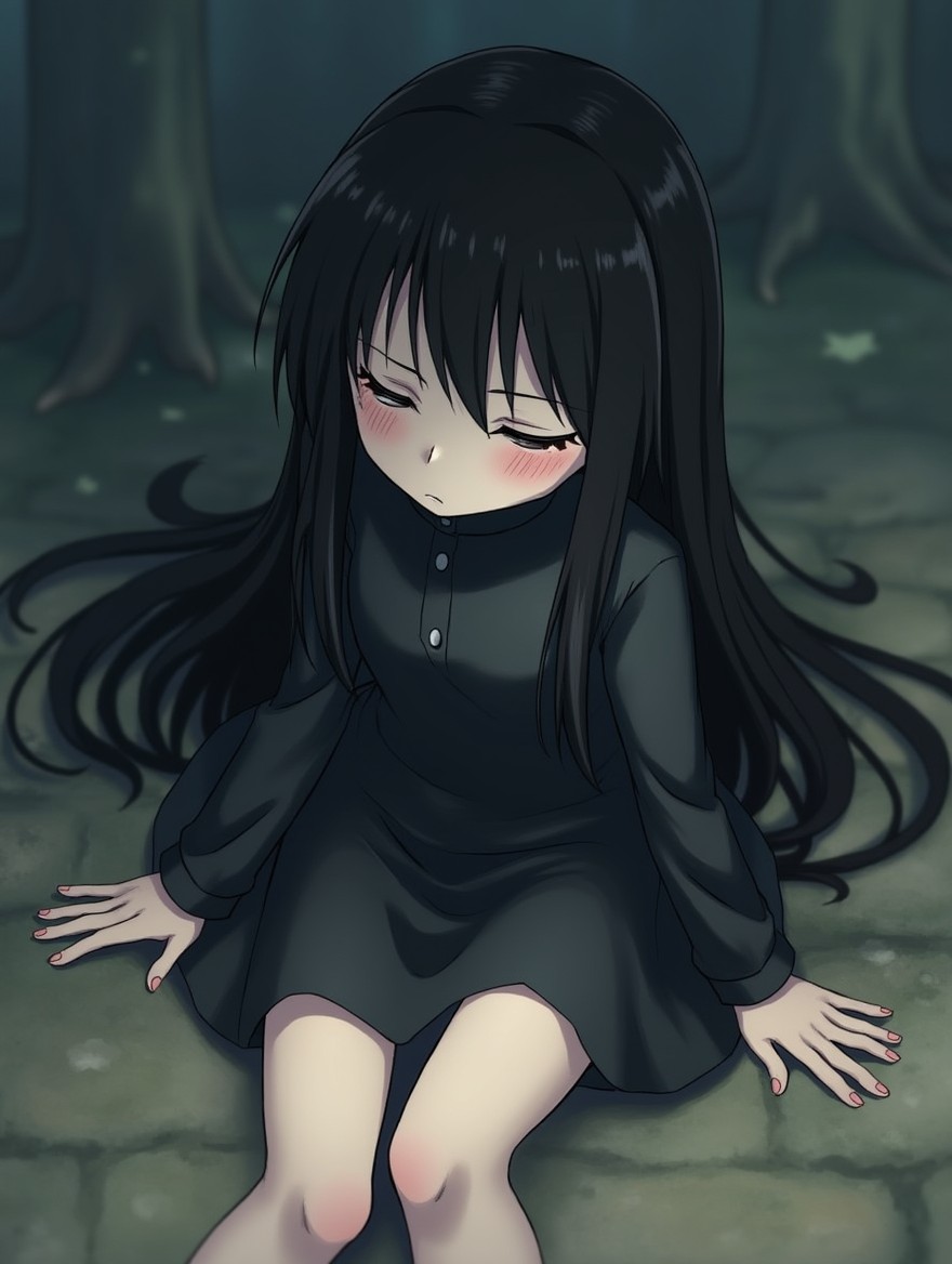 A poignant and dramatic illustration in Japanese anime style featuring a girl with long black hair, wearing a short black dress with long sleeves and a high collar, lying on the ground