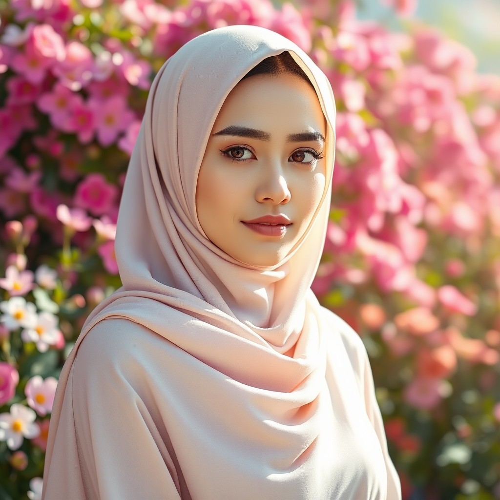 A beautiful woman wearing a hijab, elegantly styled in soft, flowing fabric