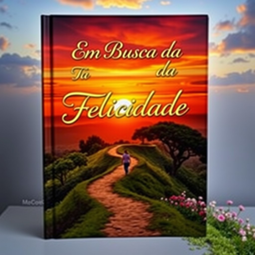 A captivating book cover featuring the title 'Em Busca da Felicidade' prominently displayed in elegant, flowing typography
