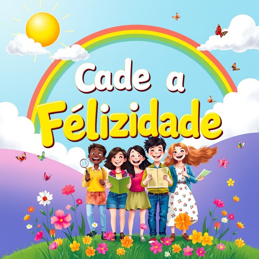 A visually striking book cover featuring the title 'Cadê a Felicidade' in bold, playful lettering that captures attention