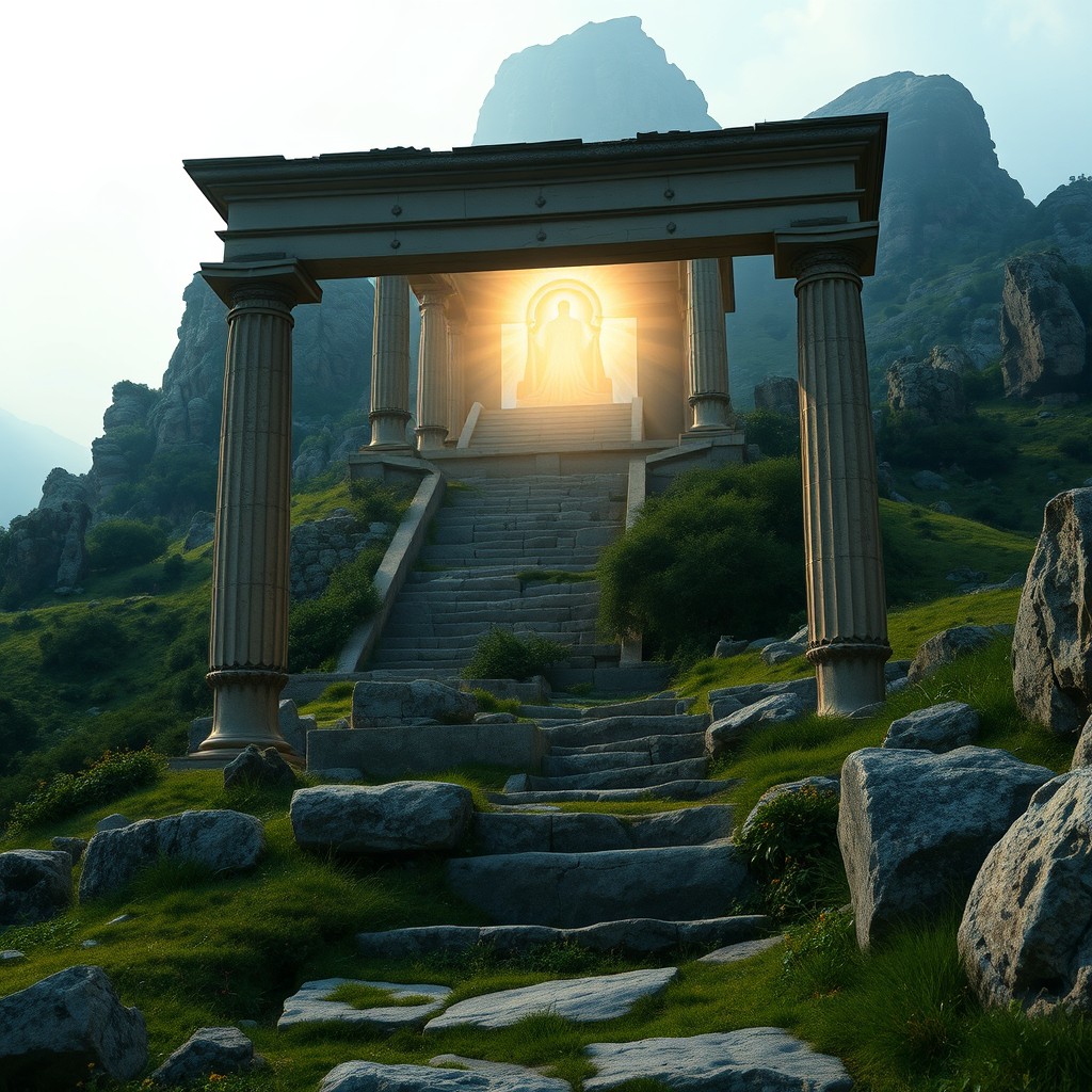 Ancient altar ruins situated on a mountainside, with a glowing, celestial temple in the background radiating divine light
