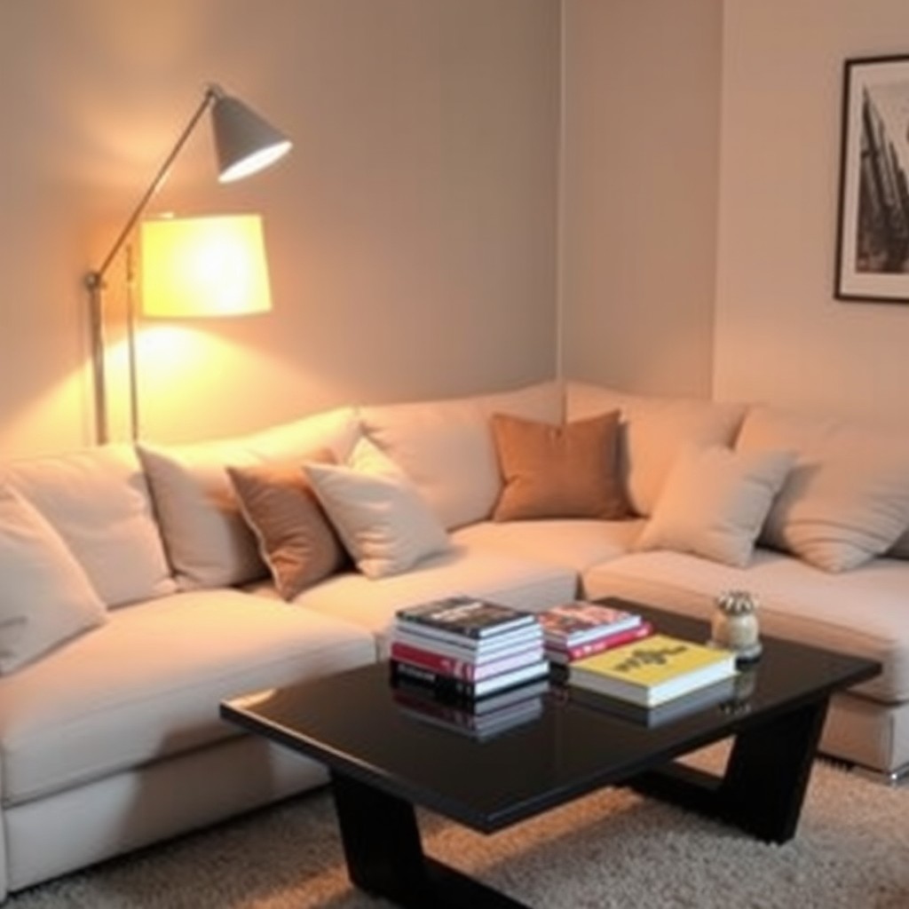 A cozy living room corner featuring a stylish L-shaped sofa with plush cushions, a modern floor lamp casting a warm glow, a sleek coffee table adorned with a stack of colorful books, and a tasteful decorative item
