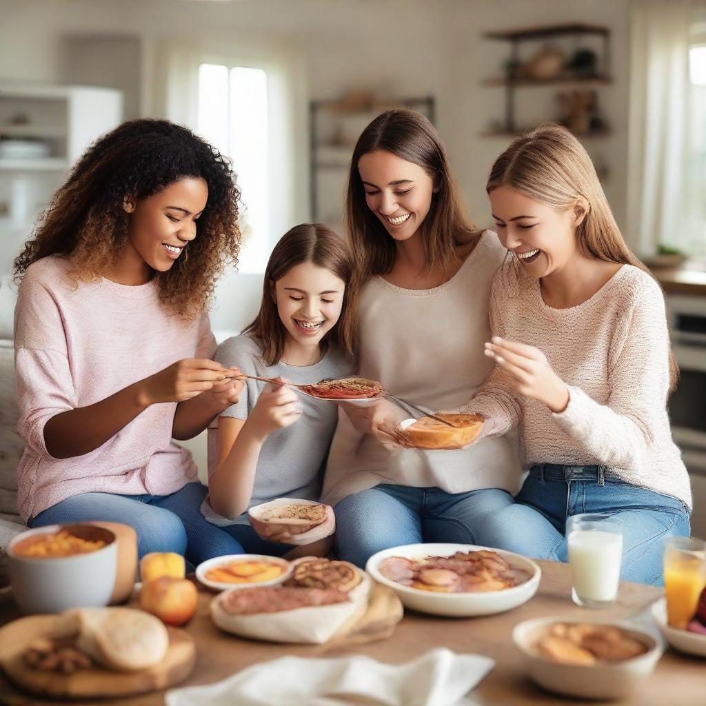 A harmonious image of parents and their three teenage girls engaging in a bonding session, preparing a delicious feast and exchanging gifts amidst laughter and joy in a homely atmosphere