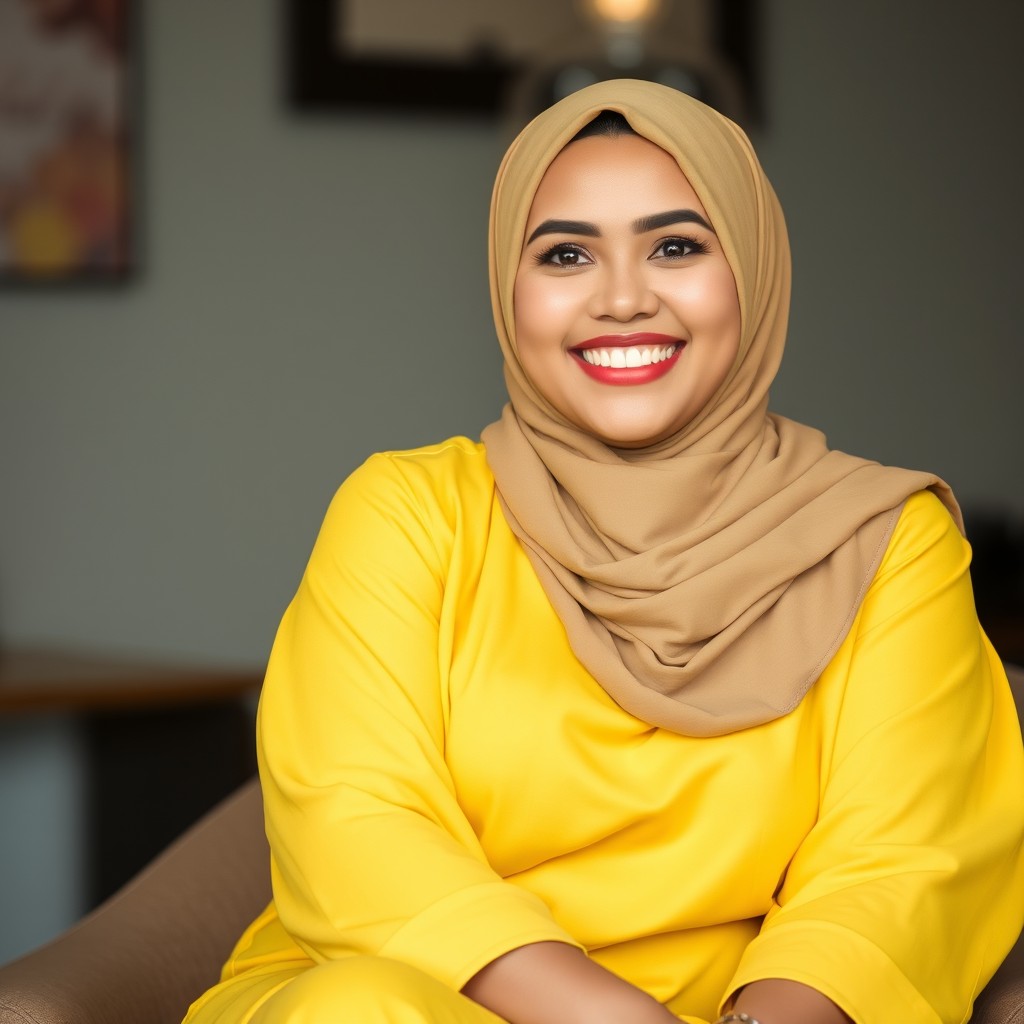A beautiful and charming woman from Padang, wearing a stylish hijab and a bright yellow outfit that stands out