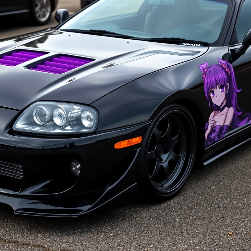 A Toyota Supra MK4 in a glossy black finish, showcasing its aggressive design