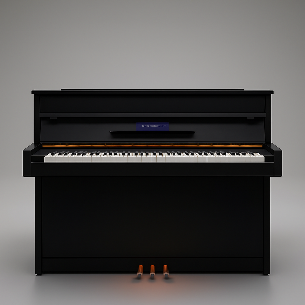 A modern white upright piano featuring a sleek design with a smart 32-inch touchscreen embedded in the front upper panel, positioned directly above the piano keys