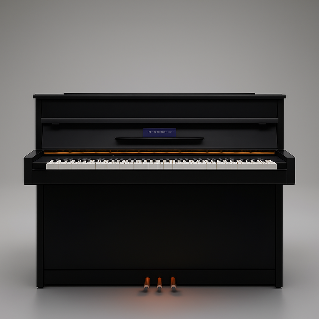 A modern white upright piano featuring a sleek design with a smart 32-inch touchscreen embedded in the front upper panel, positioned directly above the piano keys