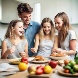 A harmonious image of parents and their three teenage girls engaging in a bonding session, preparing a delicious feast and exchanging gifts amidst laughter and joy in a homely atmosphere