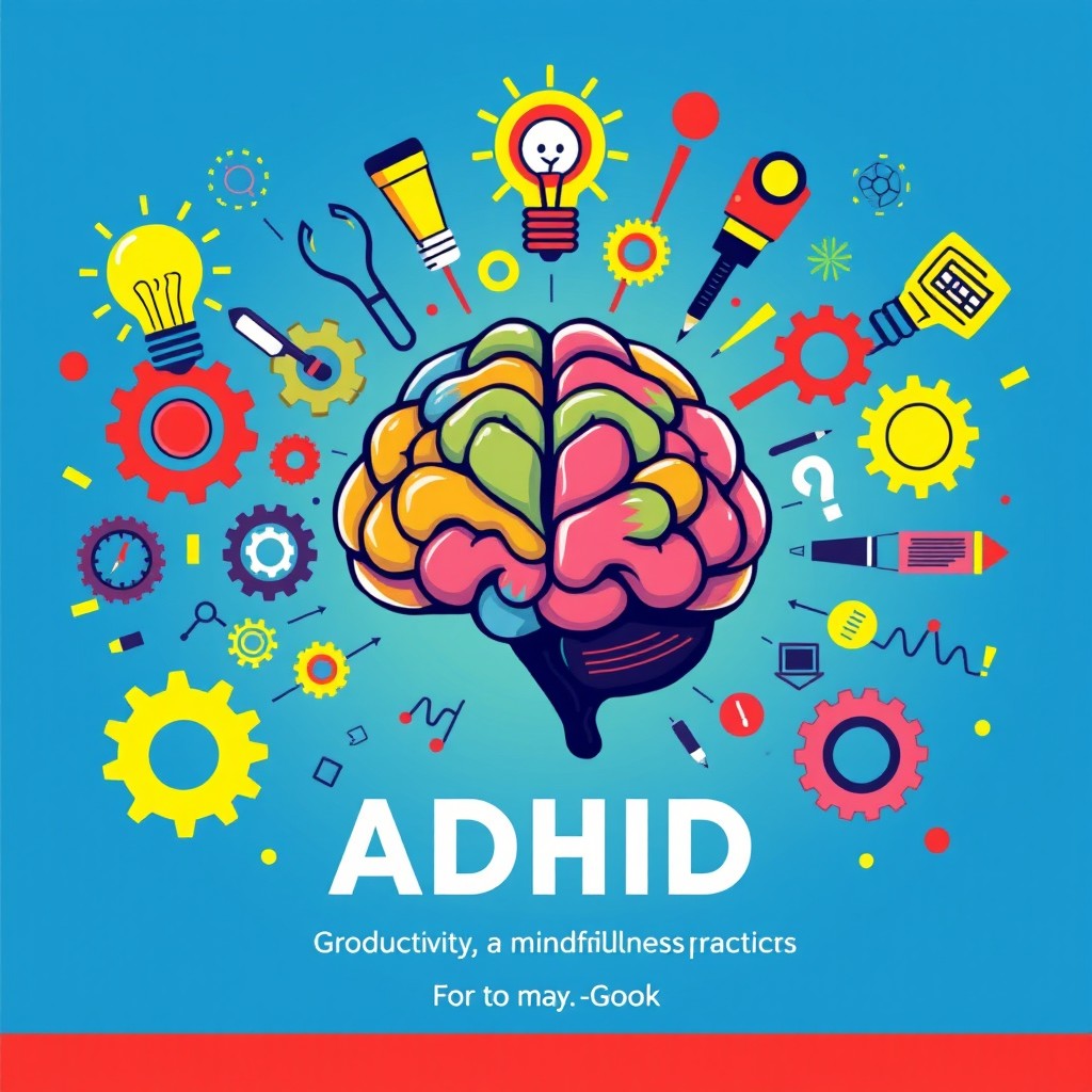 A visually engaging cover for an e-book about ADHD, featuring a colorful brain illustration surrounded by various elements that represent focus and creativity, such as gears, light bulbs, and vibrant patterns