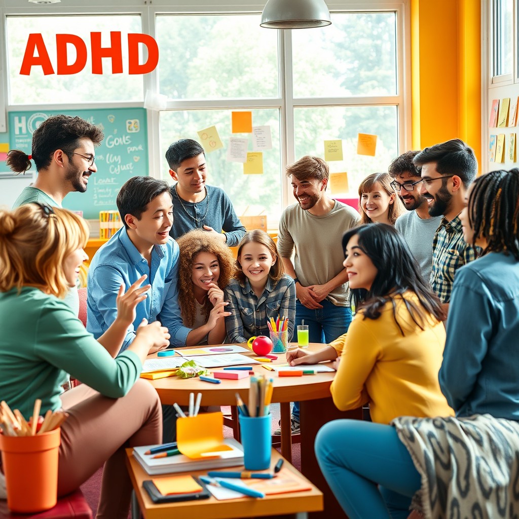 A vibrant and engaging scene depicting a diverse group of individuals with ADHD interacting in a positive environment