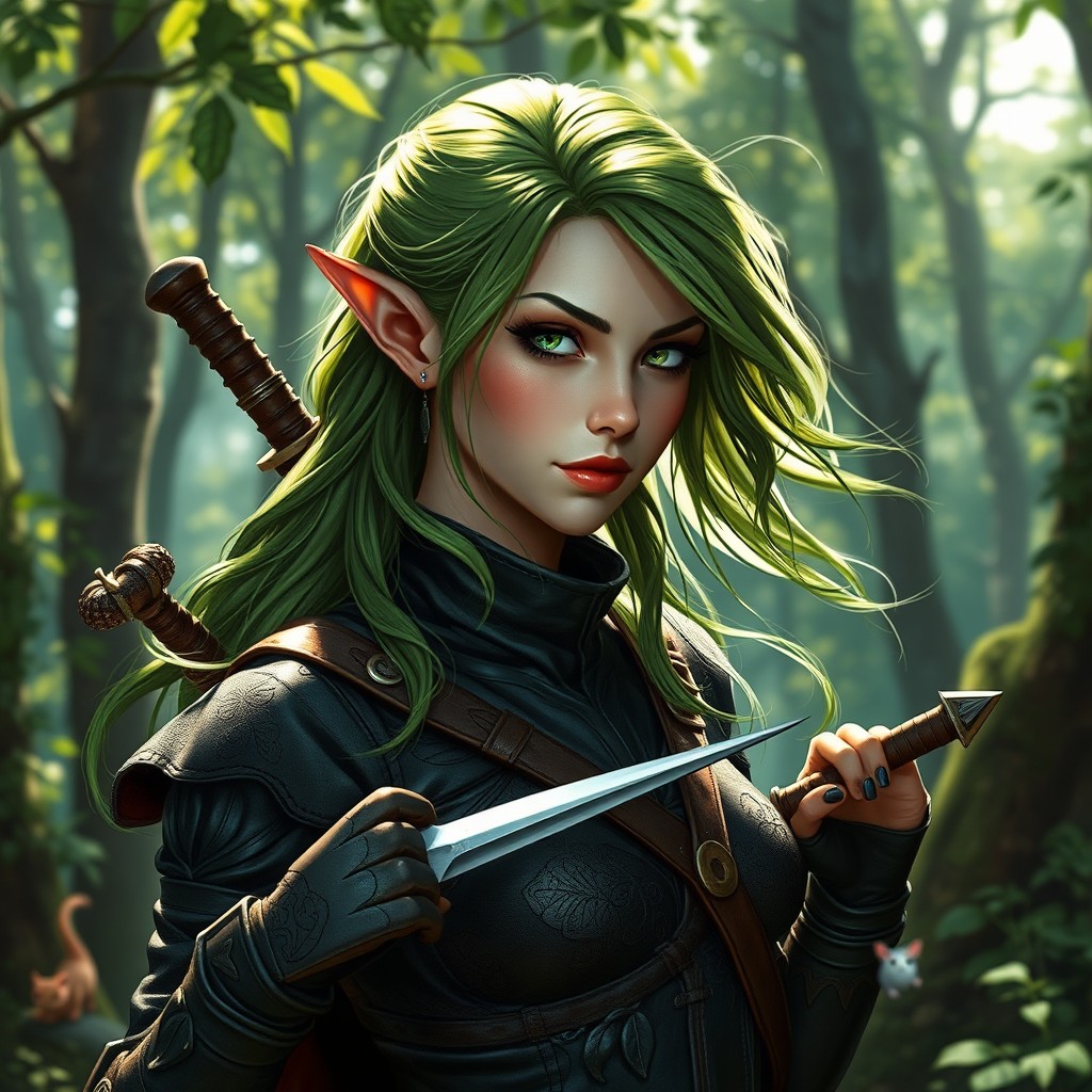 A beautiful female wood elf rogue, with delicate pointed ears and flowing, vibrant green hair blending seamlessly with the surrounding forest