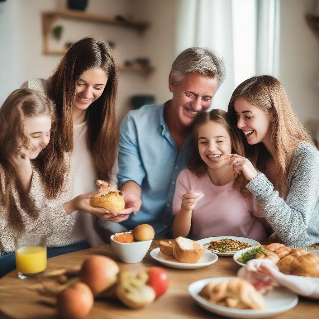 A harmonious image of parents and their three teenage girls engaging in a bonding session, preparing a delicious feast and exchanging gifts amidst laughter and joy in a homely atmosphere