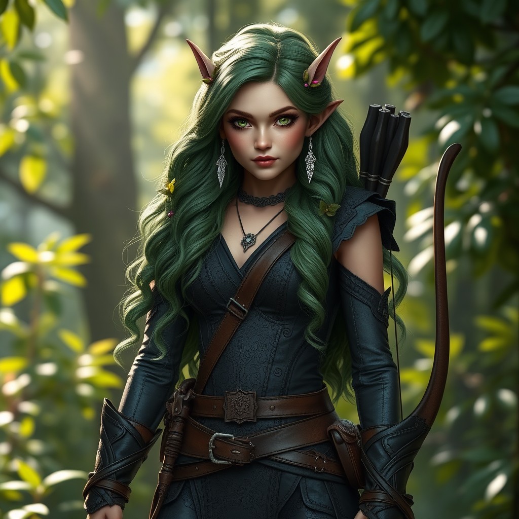 A captivating wood elf rogue female, standing confidently in a lush forest setting