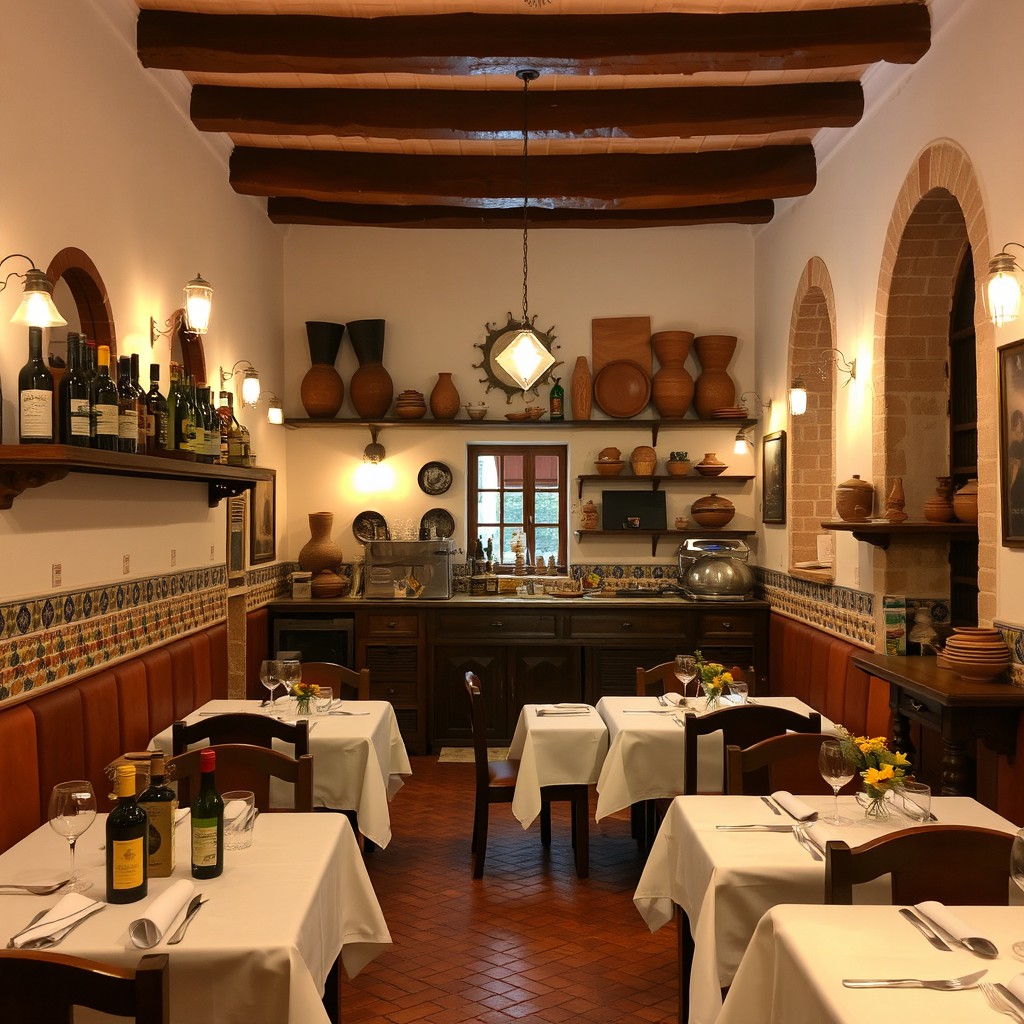 A charming Andalusian restaurant interior showcasing traditional decor