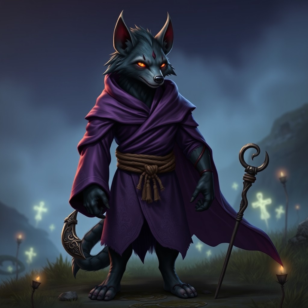 A humanoid hyena character dressed in flowing purple monk clothing, featuring intricate designs