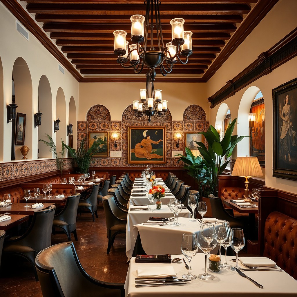 An elegant Andalusian-inspired restaurant interior featuring a sophisticated atmosphere
