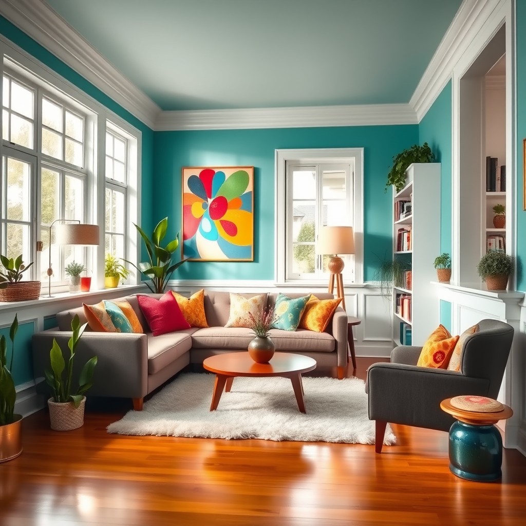 A beautifully decorated living room with vibrant colors, featuring a cozy couch adorned with colorful cushions, a small coffee table with a decorative vase, and a warm, inviting ambiance