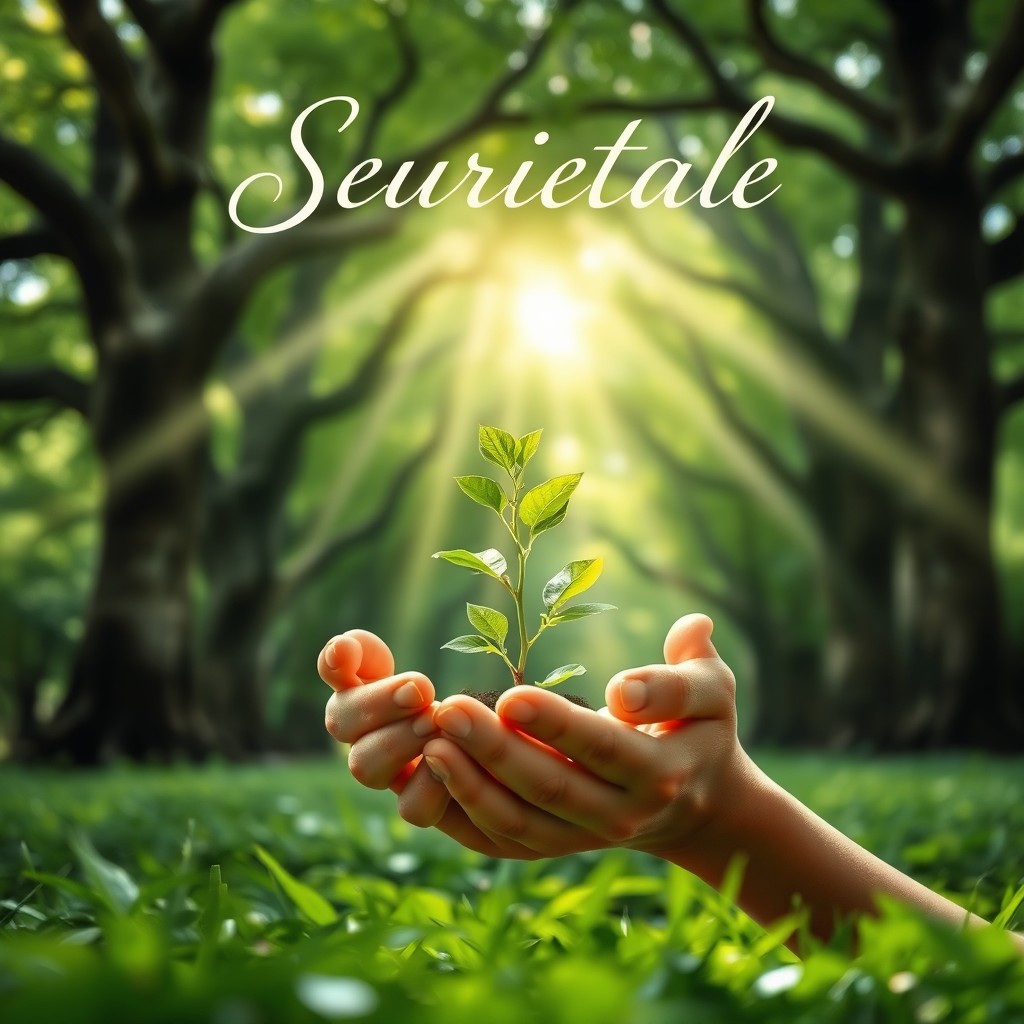 A serene book cover design for a spiritual theme, showcasing a lush, green landscape embodying rejuvenation and growth