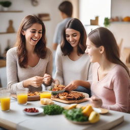 A harmonious image of parents and their three teenage girls engaging in a bonding session, preparing a delicious feast and exchanging gifts amidst laughter and joy in a homely atmosphere