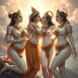 An enchanting portrayal of beautiful naked apsaras with radiant, milk-like glowing skin, adorned with exquisite jewelry around their necks and delicate payal on their feet
