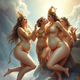 An enchanting portrayal of beautiful naked apsaras with radiant, milk-like glowing skin, adorned with exquisite jewelry around their necks and delicate payal on their feet