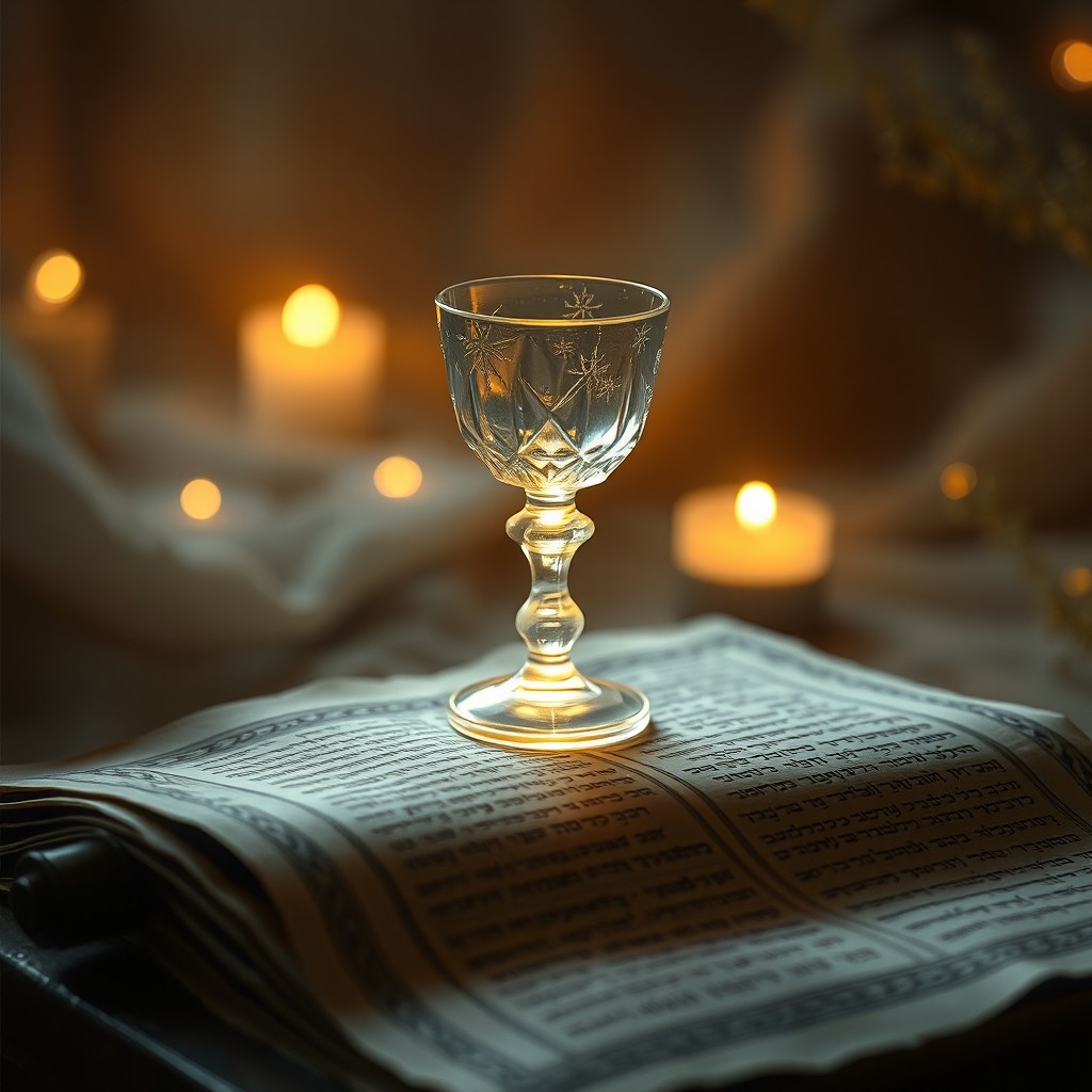 A mystical Hebrew scene featuring a crystal clear chalice glowing softly atop an ancient Torah scroll