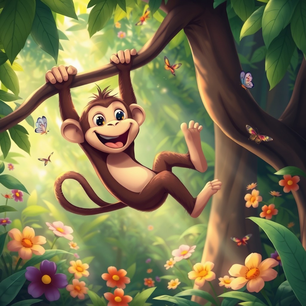 A whimsical scene featuring a playful monkey swinging from tree branches in a vibrant jungle, surrounded by lush green foliage and colorful flowers