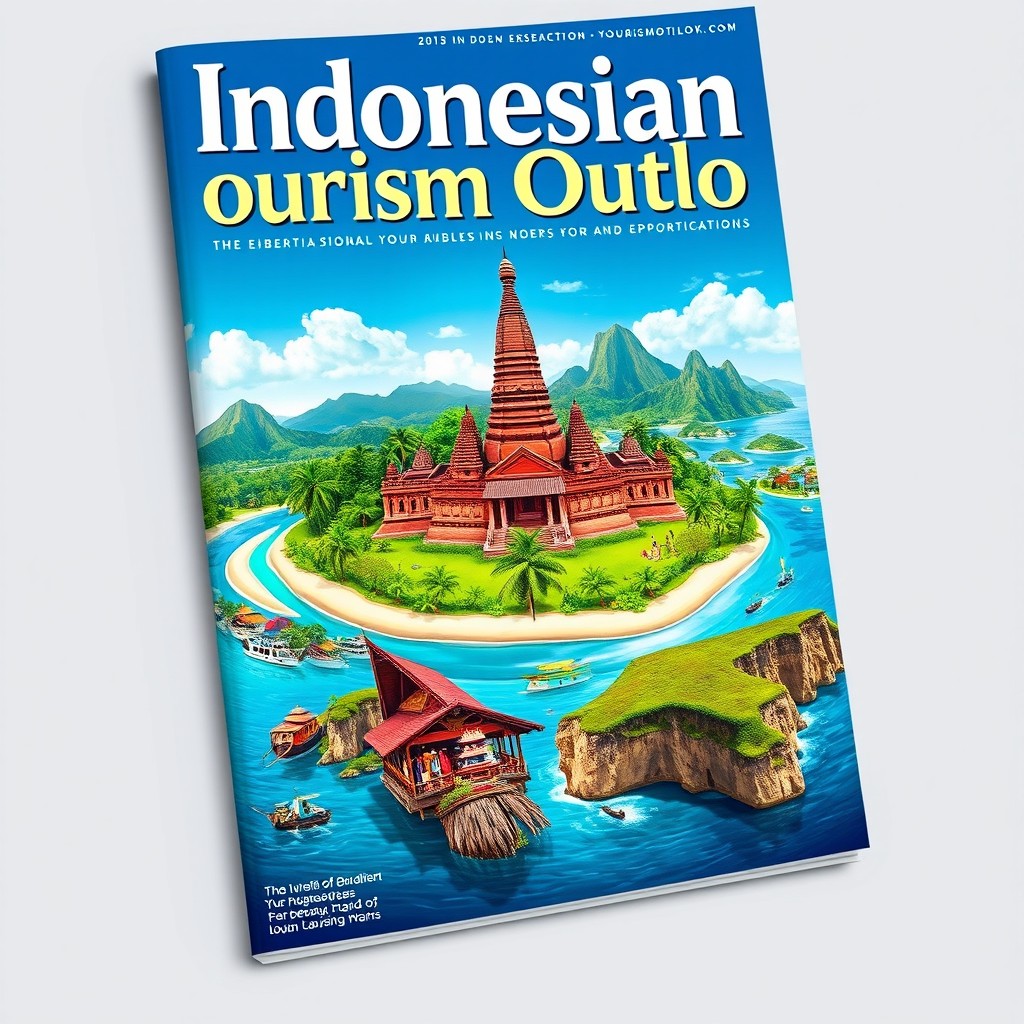 A captivating cover design for 'Indonesian Tourism Outlook', featuring stunning illustrations of iconic Indonesian destinations