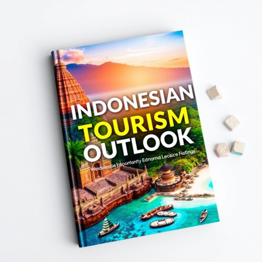 A stunning book cover design for 'Indonesian Tourism Outlook', showcasing vibrant images or illustrations of famous Indonesian destinations