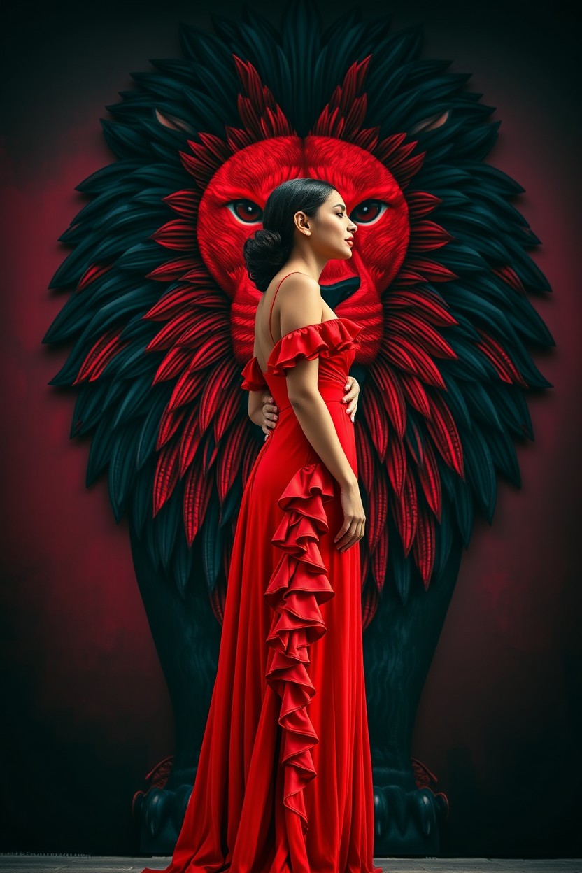 A striking, high-contrast portrait of a woman dressed in an elegant, flowing red gown with detailed ruffles, standing in front of a colossal lion mural