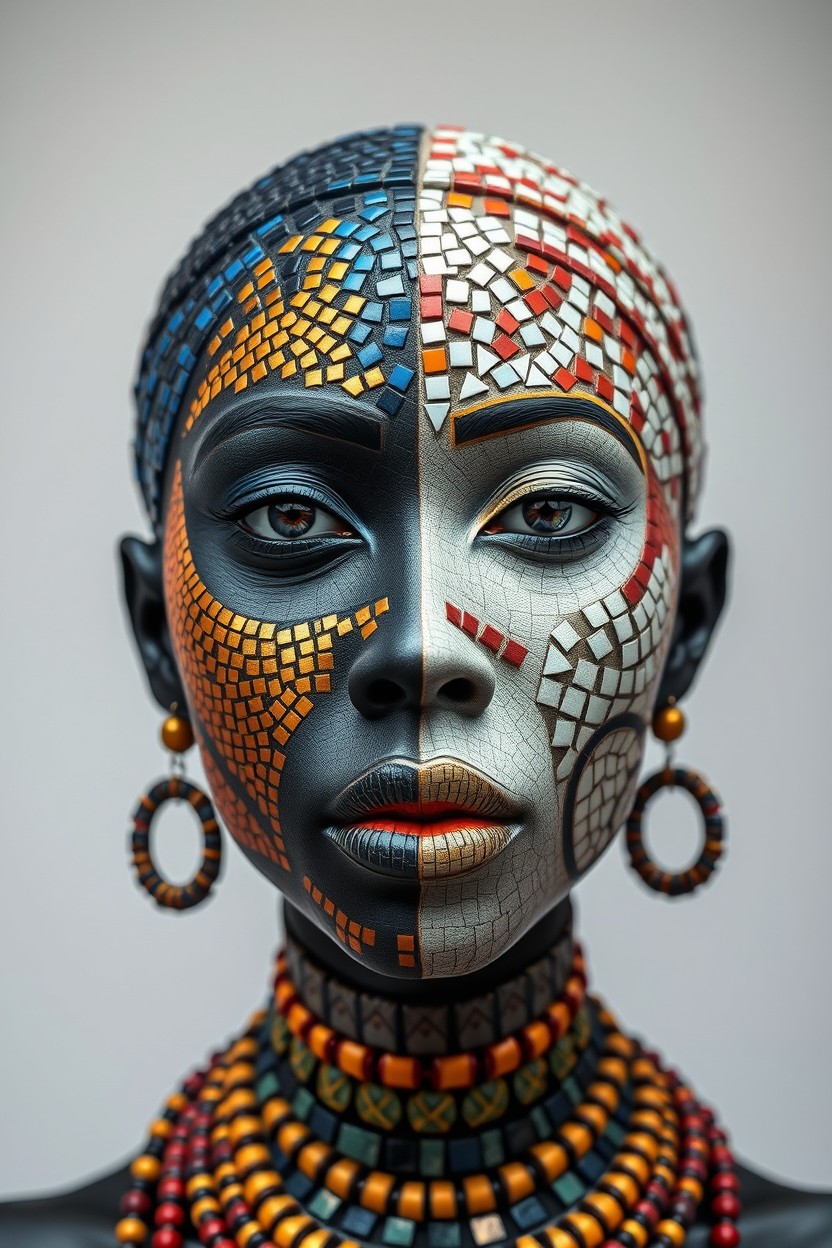 A decorative body art representation of an African woman, stylized as a vibrant mosaic