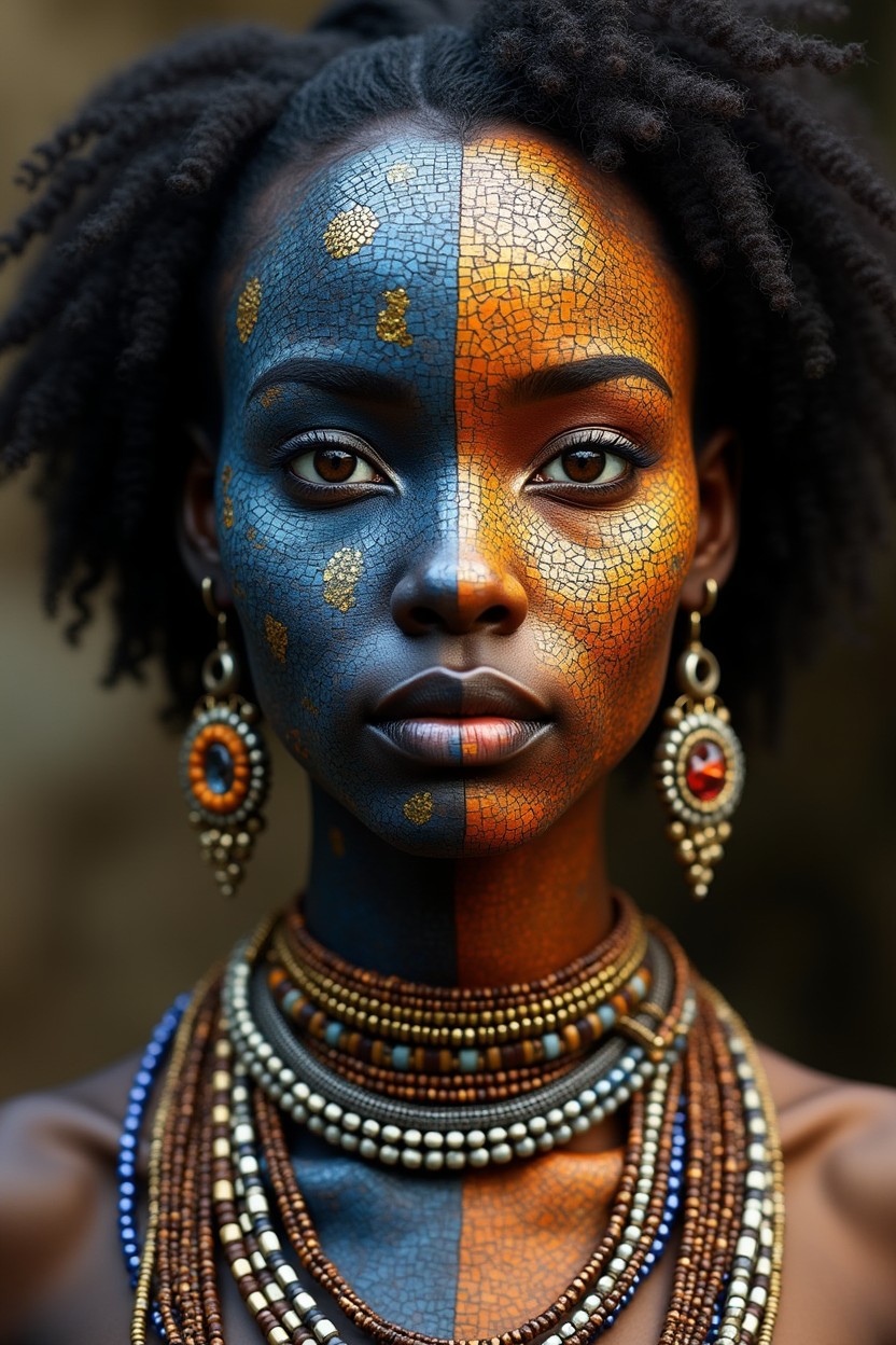 A decorative body art representation of an African woman, stylized as a vibrant mosaic