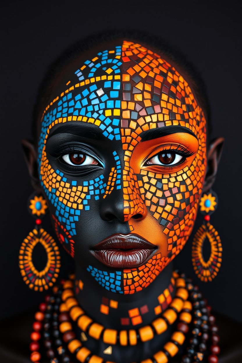 A decorative body art depiction of an African woman, stylized as a vibrant mosaic