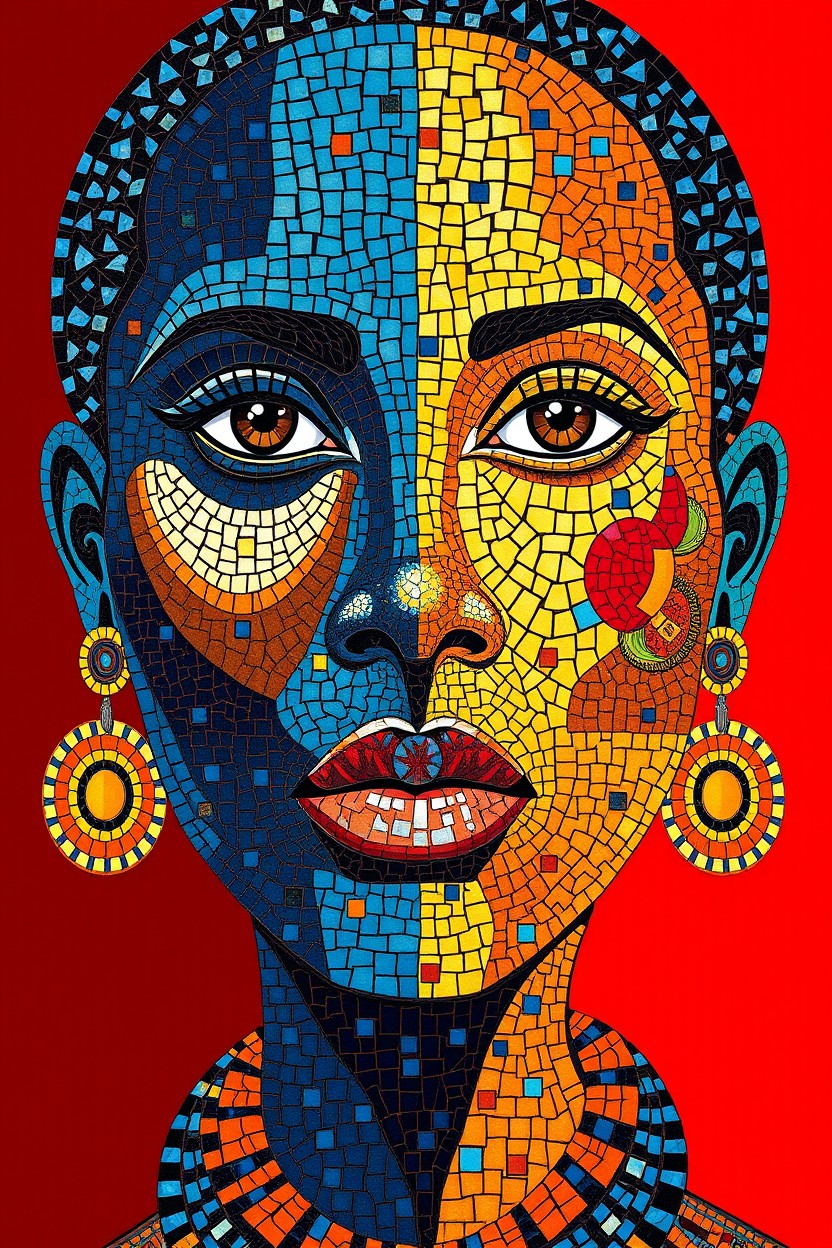 An abstract depiction of an African woman, styled as a vibrant mosaic