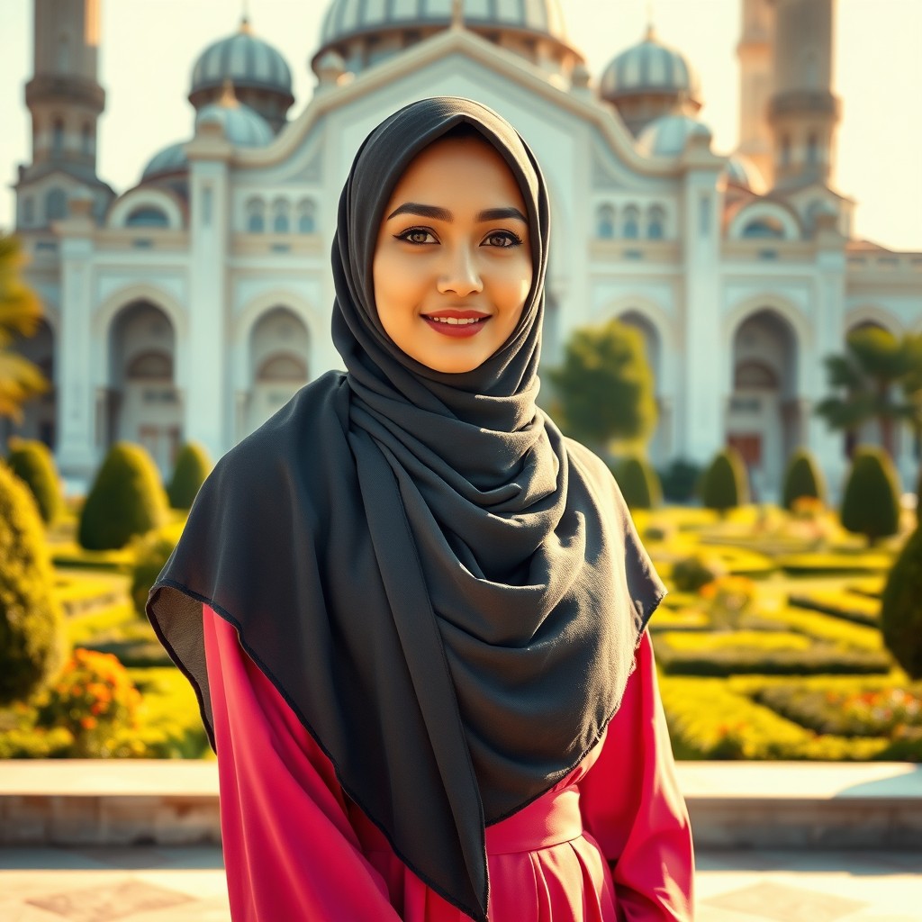 A beautiful young woman wearing a stylish hijab, showcasing an elegant and attractive figure