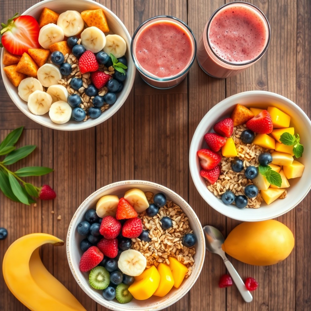 A flat lay of colorful healthy breakfast bowls featuring an assortment of fresh fruits like sliced bananas, berries, kiwi, and mango, sprinkled with chia seeds and granola for texture