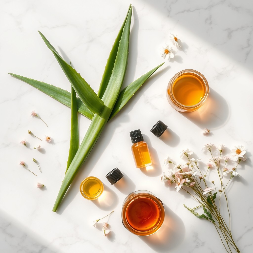 A top-down view of a marble countertop with an arrangement of natural homemade skincare products