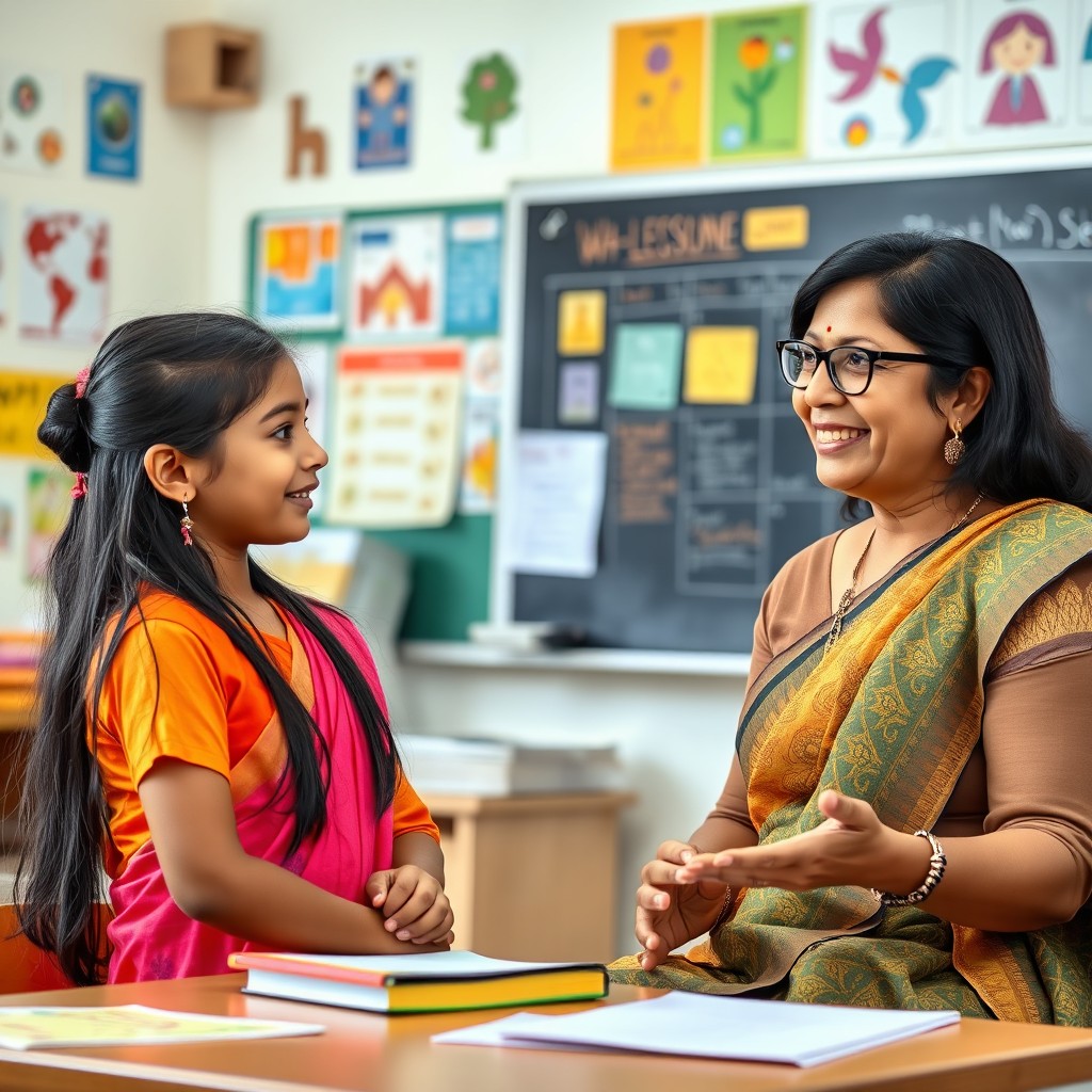 A vibrant classroom scene featuring an Indian girl and her Indian teacher engaged in a lively educational discussion