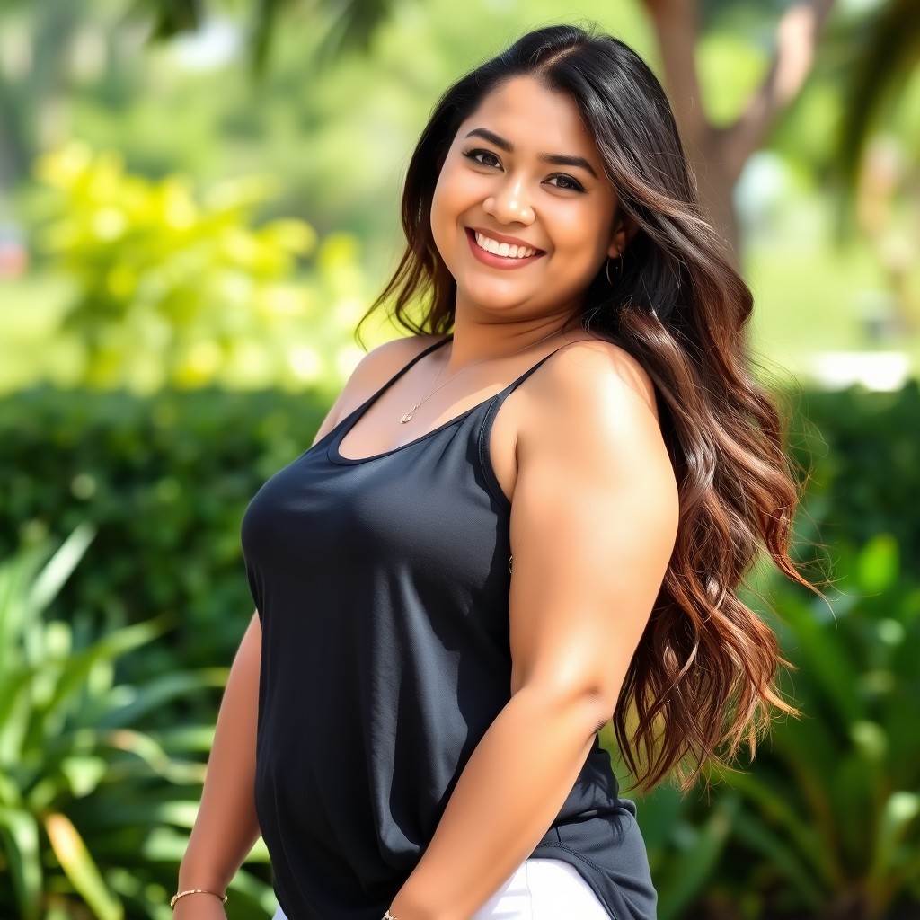 An Indonesian woman with a curvy figure wearing a black tank top and white shorts, smiling brightly