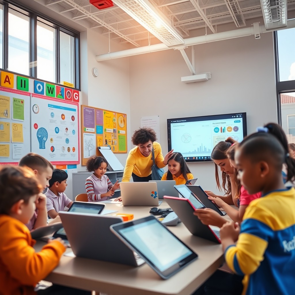 A vibrant scene of a modern classroom in a high-tech school, featuring diverse students engaging with artificial intelligence tools on their tablets and laptops