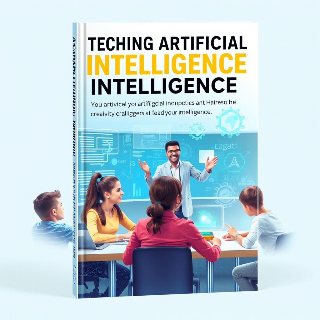 A captivating book cover design for a title related to teaching artificial intelligence, featuring a futuristic classroom scene