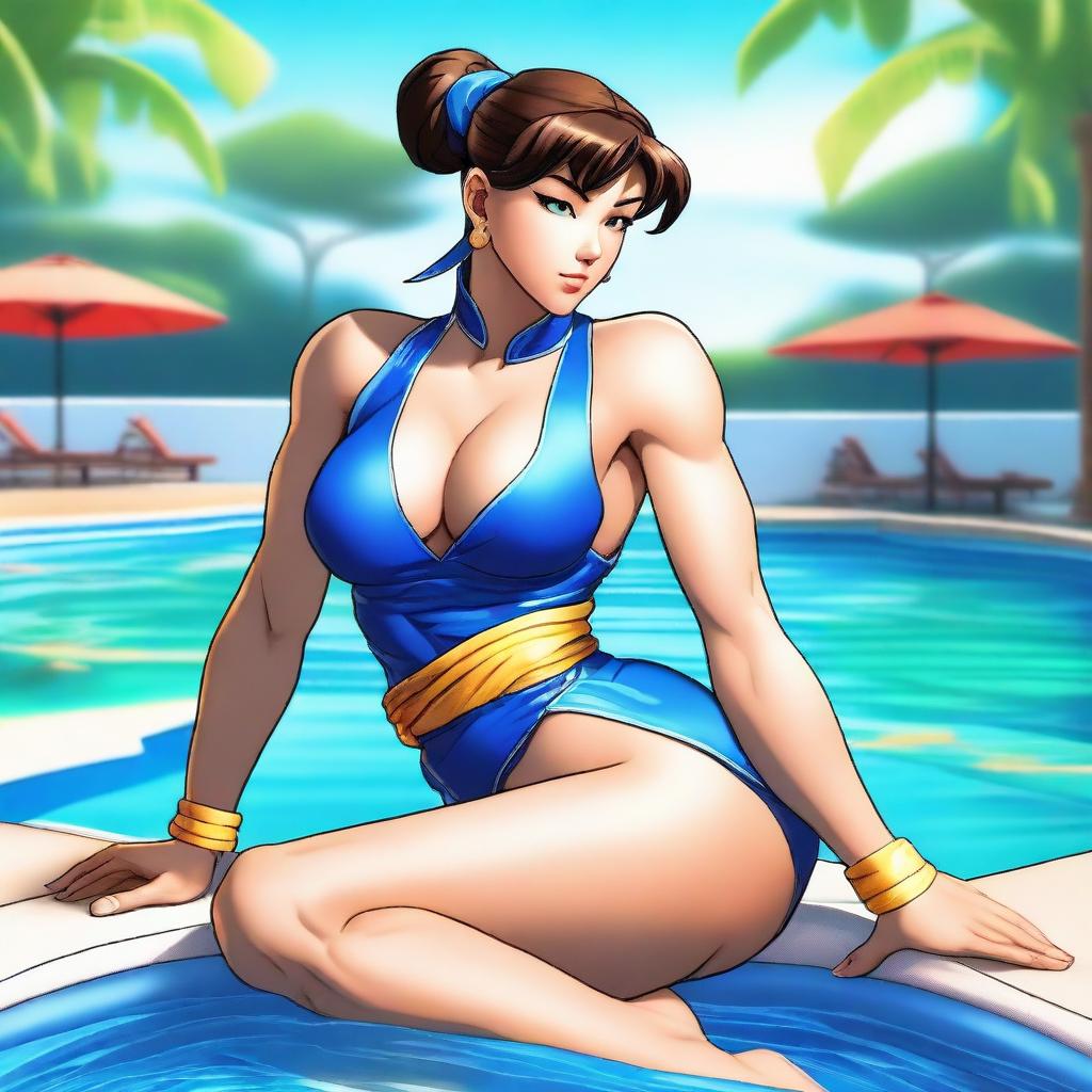 This is a digital artwork of Chun Li, the renowned character from the Street Fighter series, casually sitting by a poolside