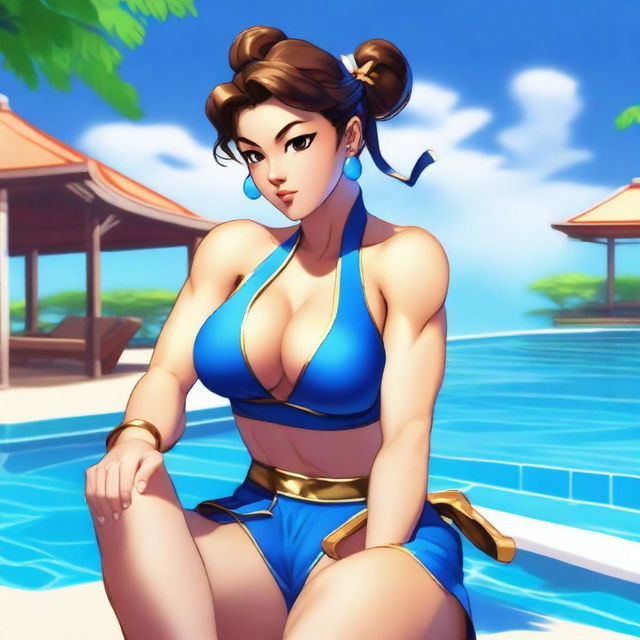 This is a digital artwork of Chun Li, the renowned character from the Street Fighter series, casually sitting by a poolside