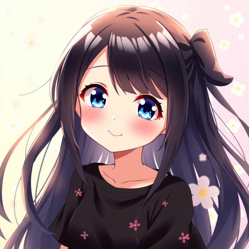A charming anime girl with long, flowing black hair that has subtle white highlights, adding depth to her hairstyle