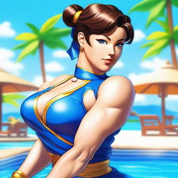 This is a digital artwork of Chun Li, the renowned character from the Street Fighter series, casually sitting by a poolside