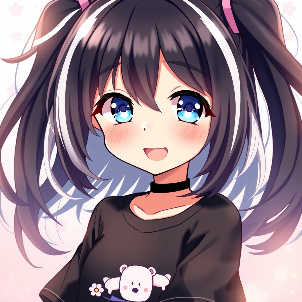 A delightful anime girl with vibrant black hair featuring white streaks that elegantly frame her face