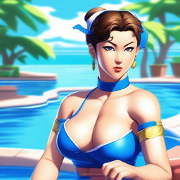 This is a digital artwork of Chun Li, the renowned character from the Street Fighter series, casually sitting by a poolside