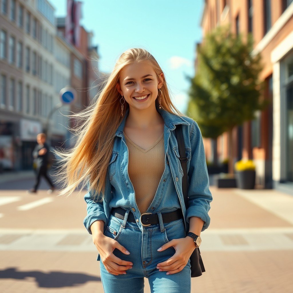 A young blonde Dutch girl wearing stylish blue jeans, standing confidently in an urban environment